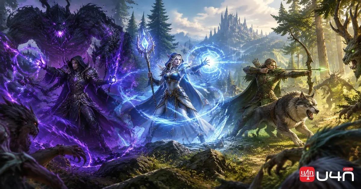 A Warlock, Mage, and Hunter demonstrating different combat styles