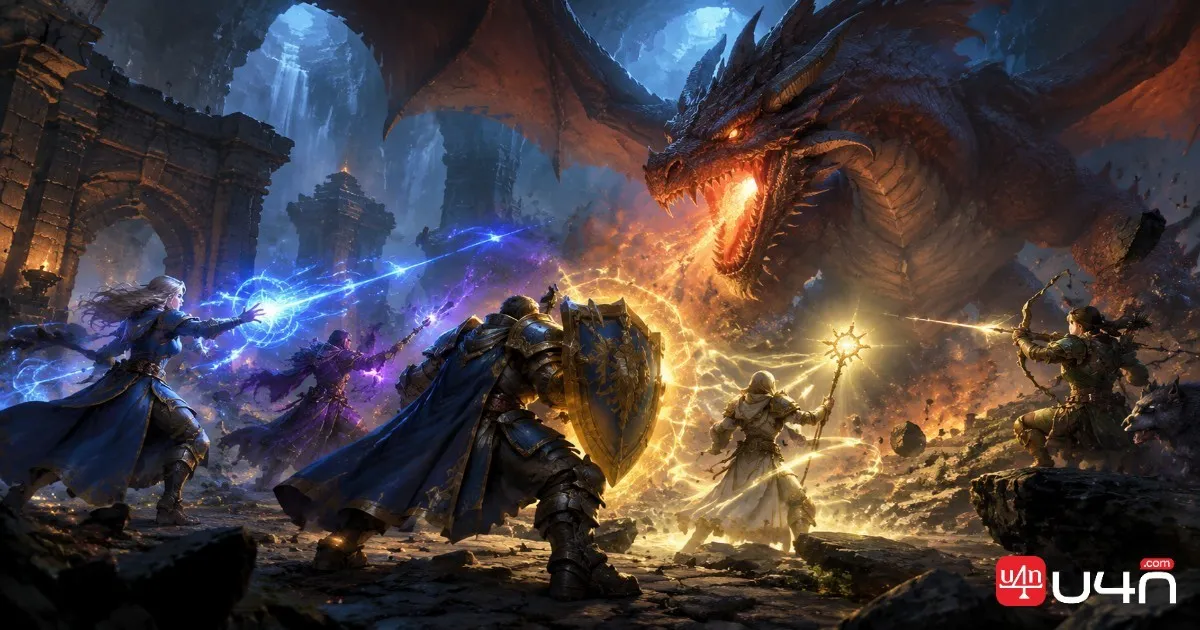 A fantasy MMORPG raid group fighting a powerful dragon