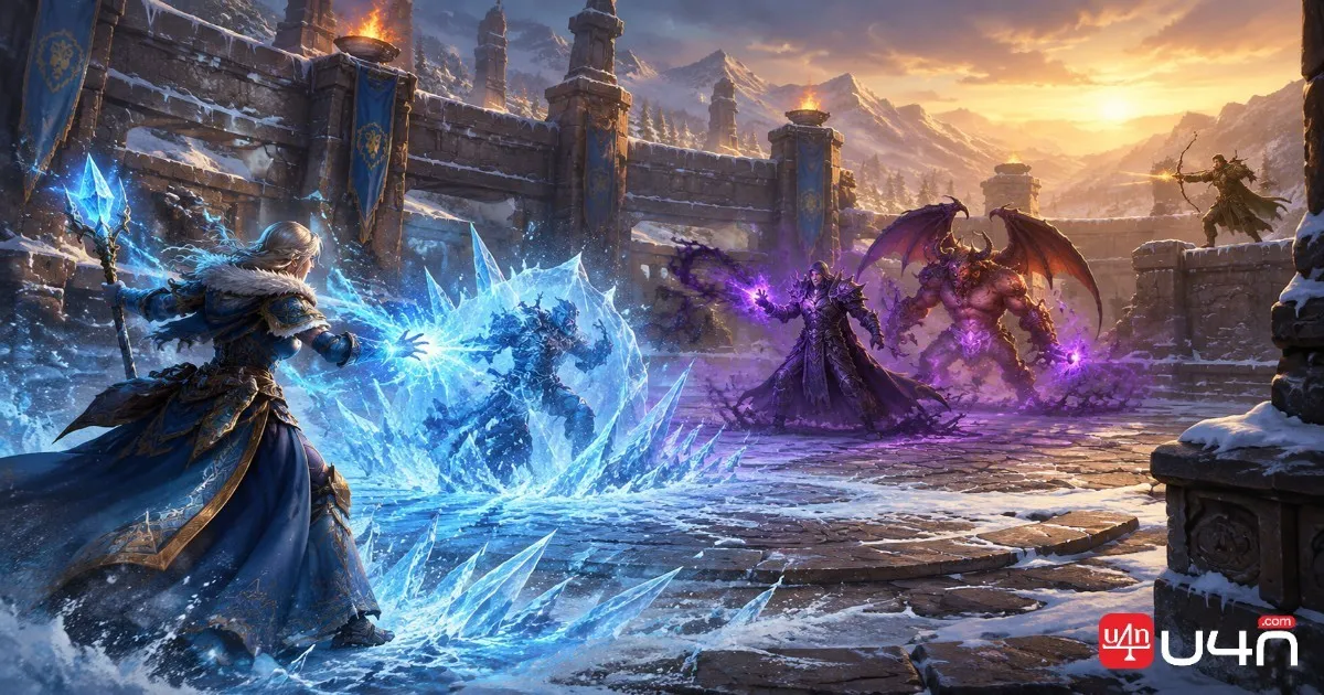 Mage, Warlock, and Hunter fighting in a fantasy PvP arena