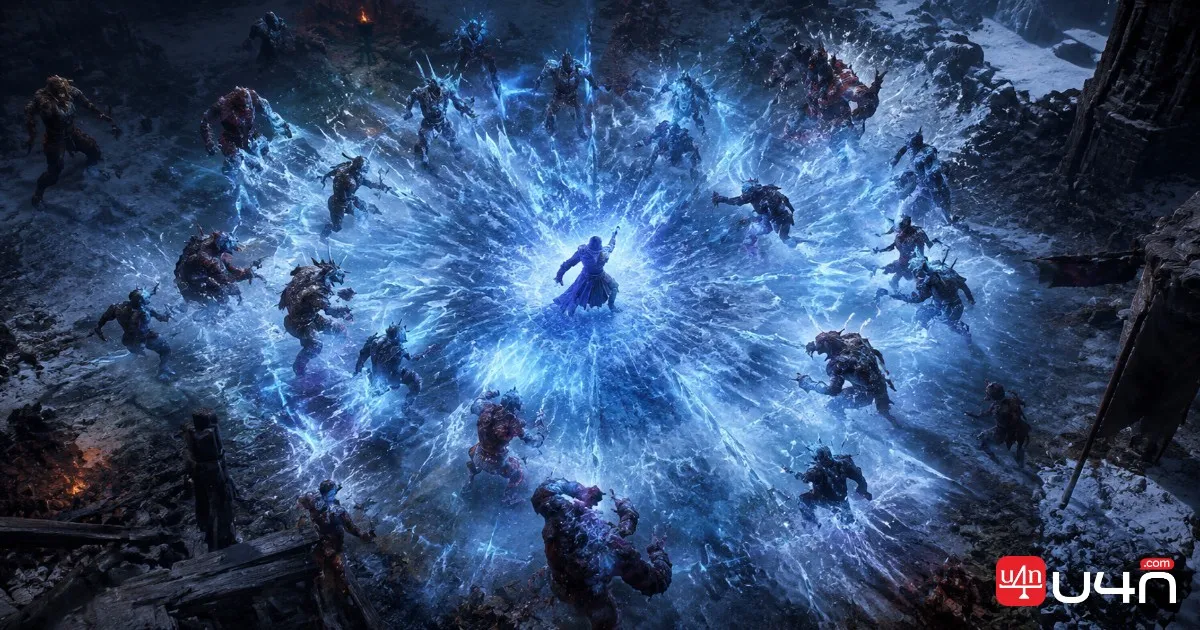 Vaal Ice Nova spreading blue ice effects through a dense group of Path of Exile enemies