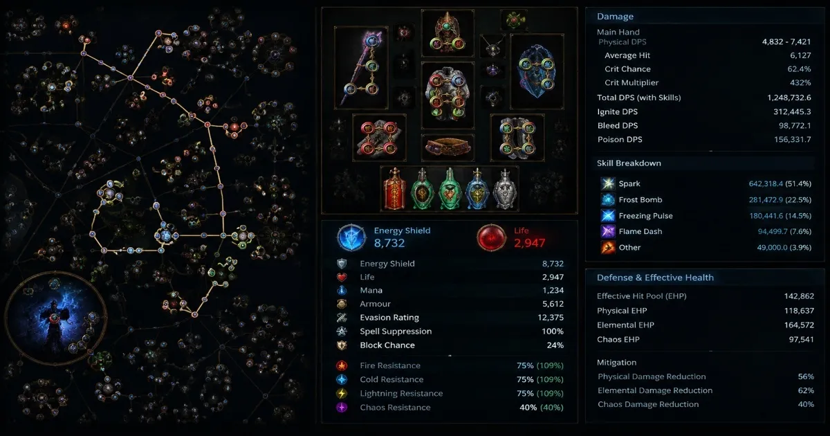 Path of Exile character build planner showing equipment, passive tree, and defensive statistics