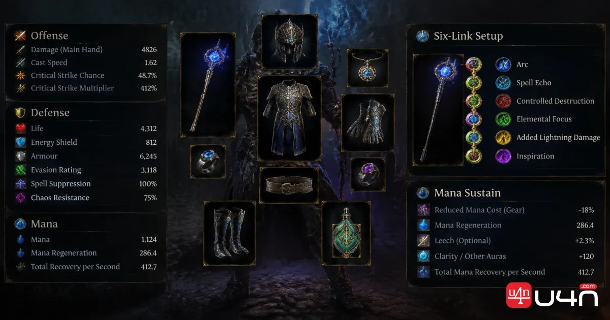 Path of Exile Occultist endgame equipment with a staff, body armour, belt, and defensive gear
