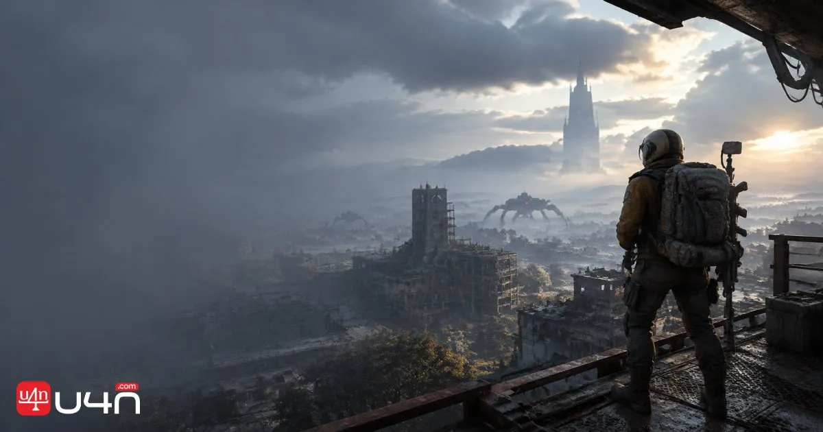 A Raider overlooking an abandoned industrial district in ARC Raiders
