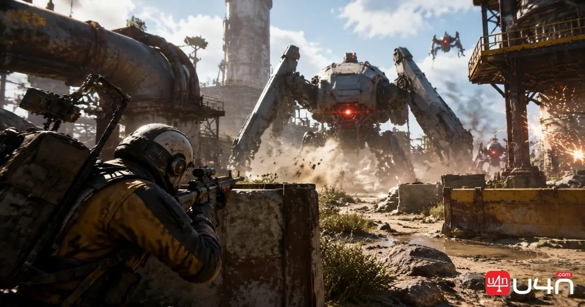 A Raider confronting an ARC machine in an abandoned industrial area in ARC Raiders
