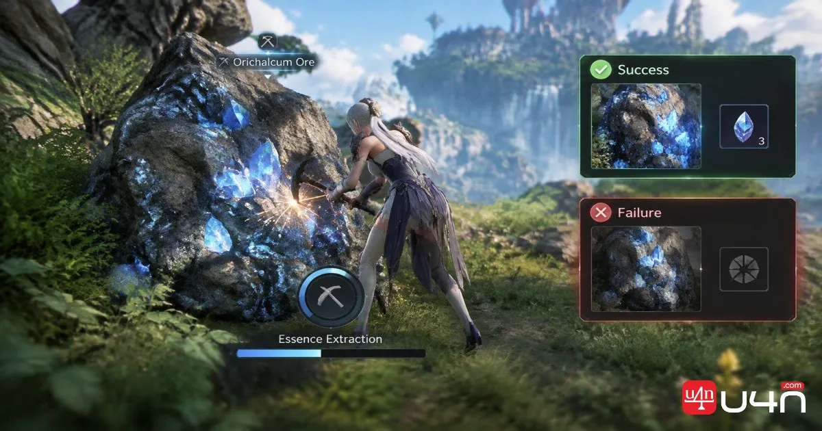Aion 2 Essence Extraction gathering interface at an Orichalcum ore node