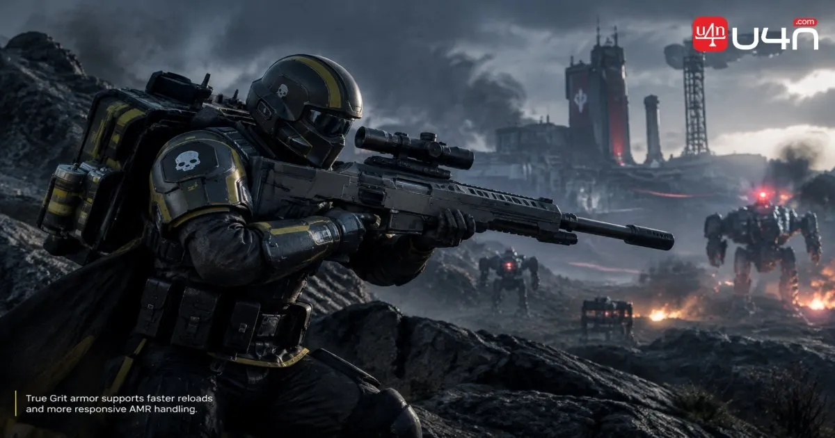 Helldiver wearing True Grit armor and preparing an Anti-Materiel Rifle