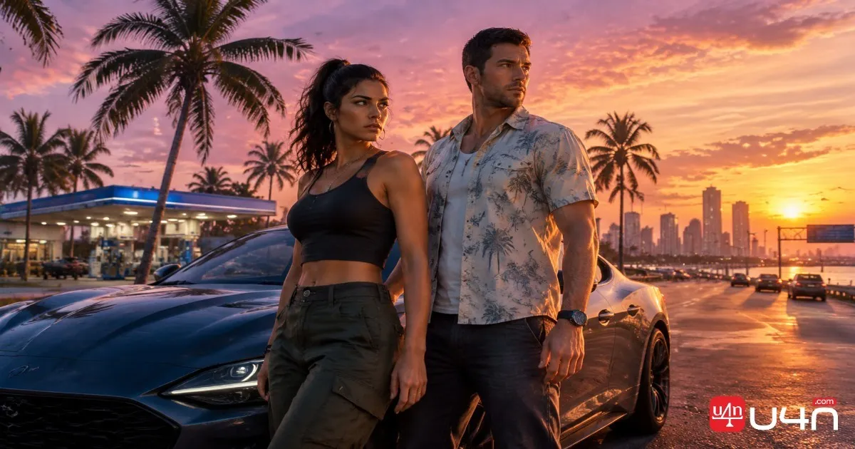 Jason and Lucia in a cinematic Grand Theft Auto VI-inspired setting