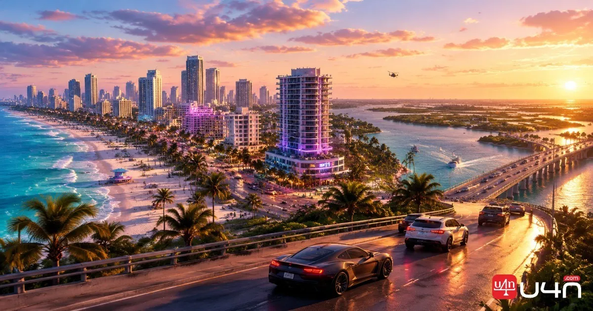Vice City-inspired coastal skyline with palm trees, roads, and urban buildings