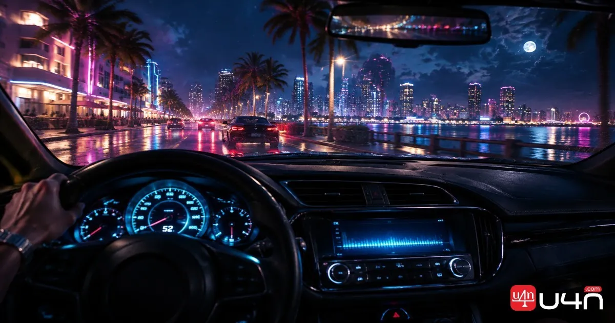 A modern sports car dashboard and radio at night in a neon-lit coastal city