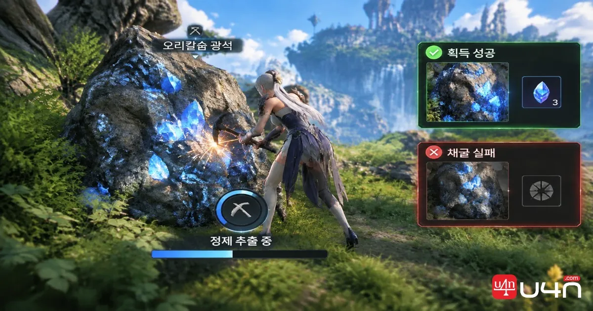 Aion 2 Essence Extraction gathering interface at an Orichalcum ore node