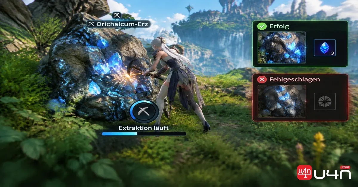 Aion 2 Essence Extraction gathering interface at an Orichalcum ore node