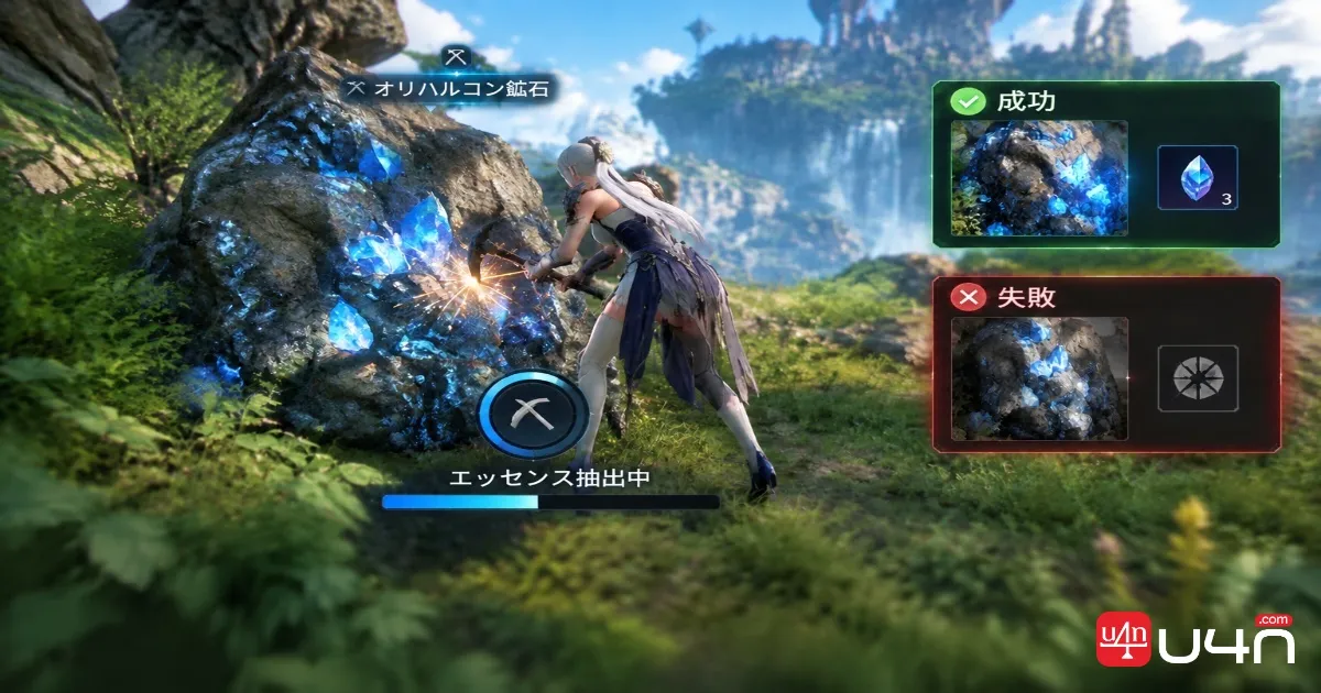 Aion 2 Essence Extraction gathering interface at an Orichalcum ore node