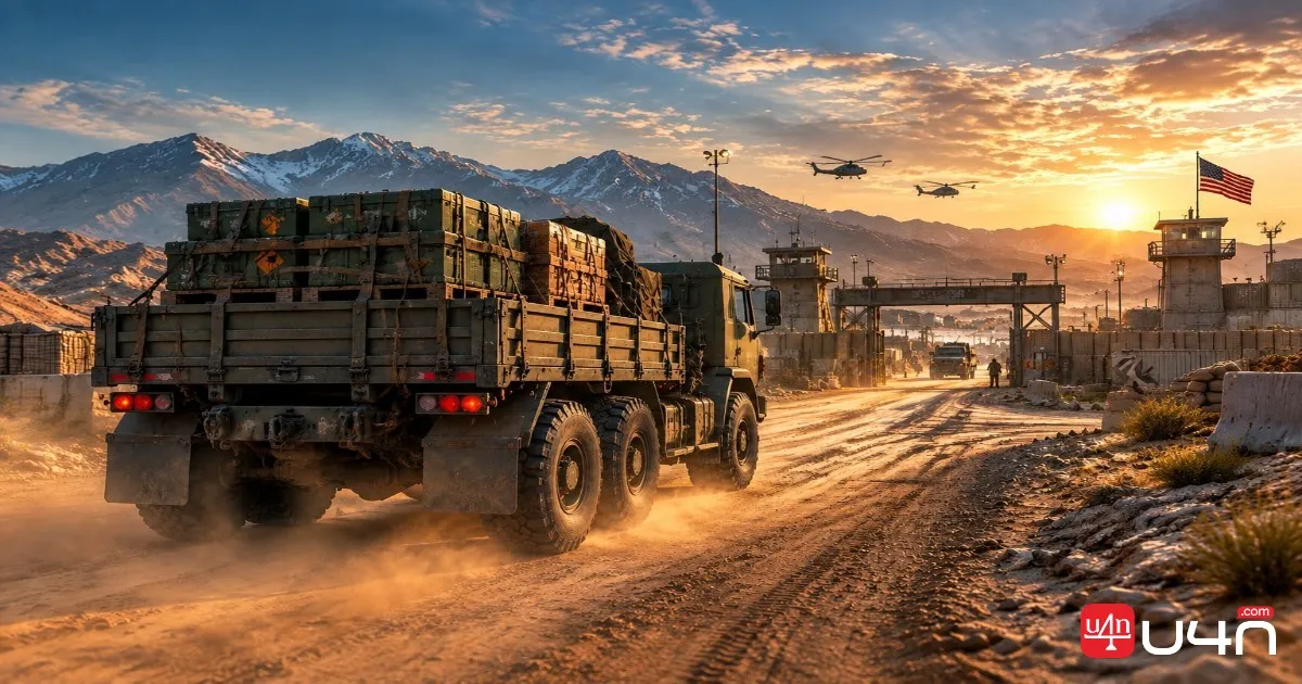 A U-Roll truck carrying supply pallets toward a forward operating base in WarDogs