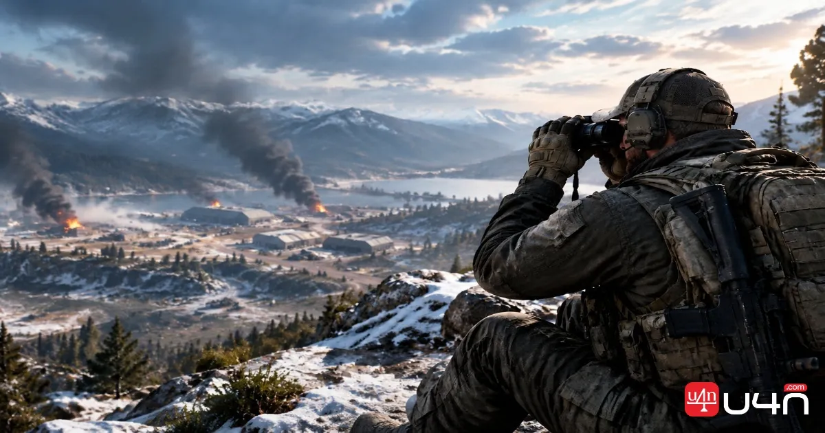 A WarDogs recon player using binoculars from an elevated position to spot enemy units
