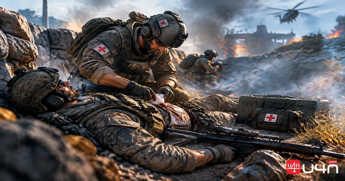 A WarDogs combat medic reviving a teammate near cover during a firefight