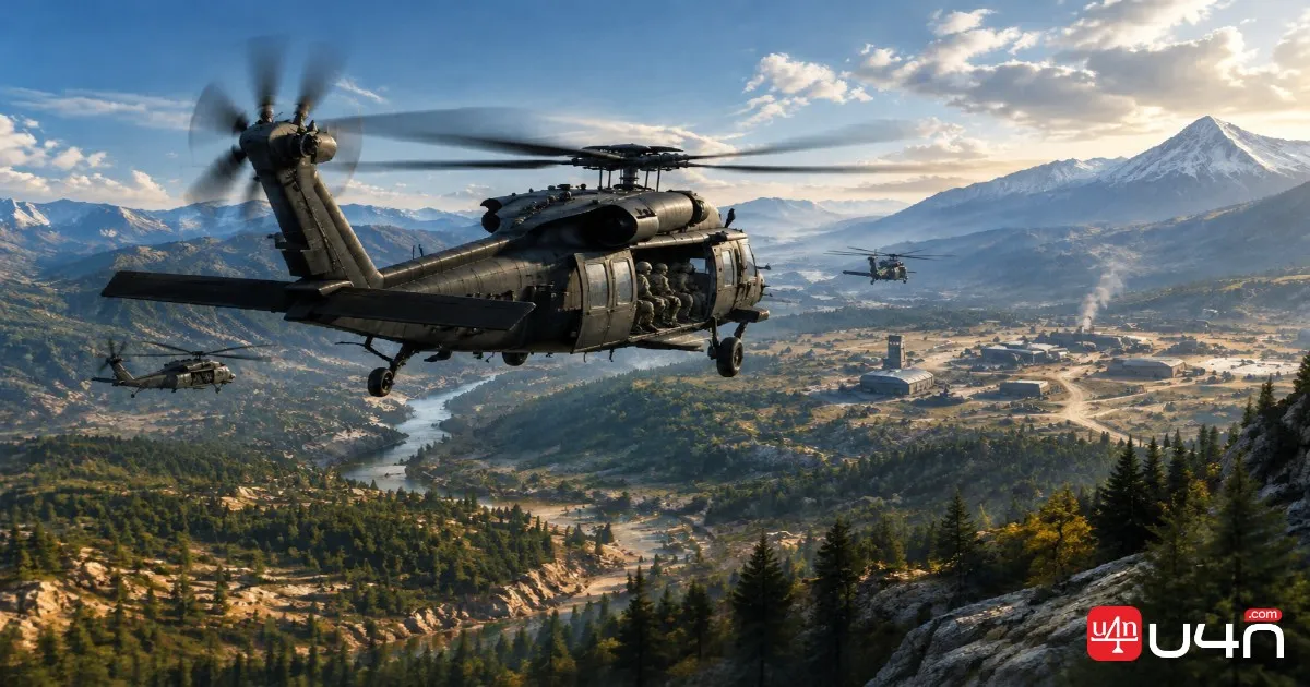 A WarDogs helicopter transporting teammates across the battlefield