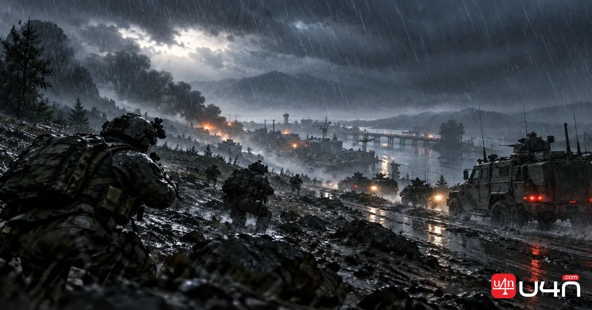 Heavy rain falling across a realistic tactical shooter battlefield with soldiers and military vehicles