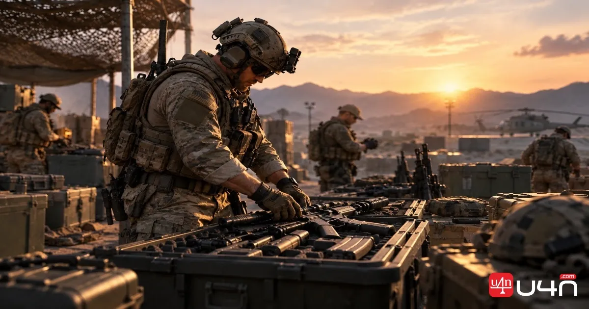 Tactical shooter soldier preparing weapons and equipment before starting a new progression season