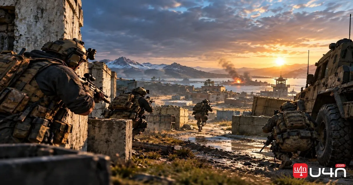 Tactical multiplayer shooter squad advancing through a battlefield in rainy conditions and coordinating behind cover