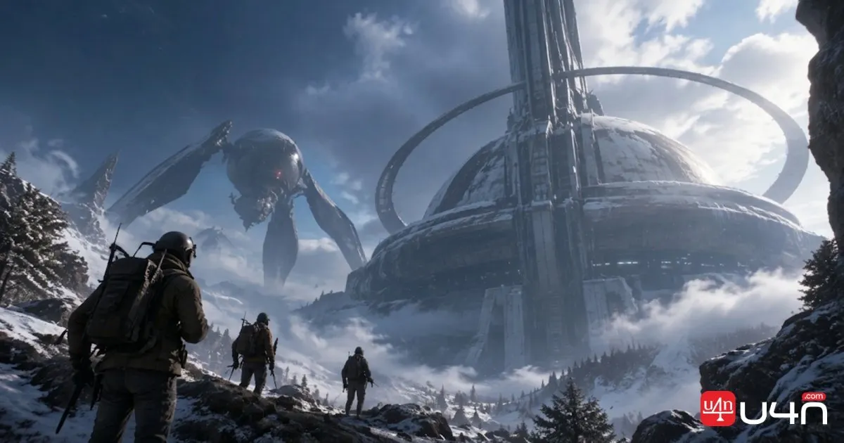 Drużyna ARC Raiders zbliżająca się do ogromnej konstrukcji Obserwatorium w Frozen Trail