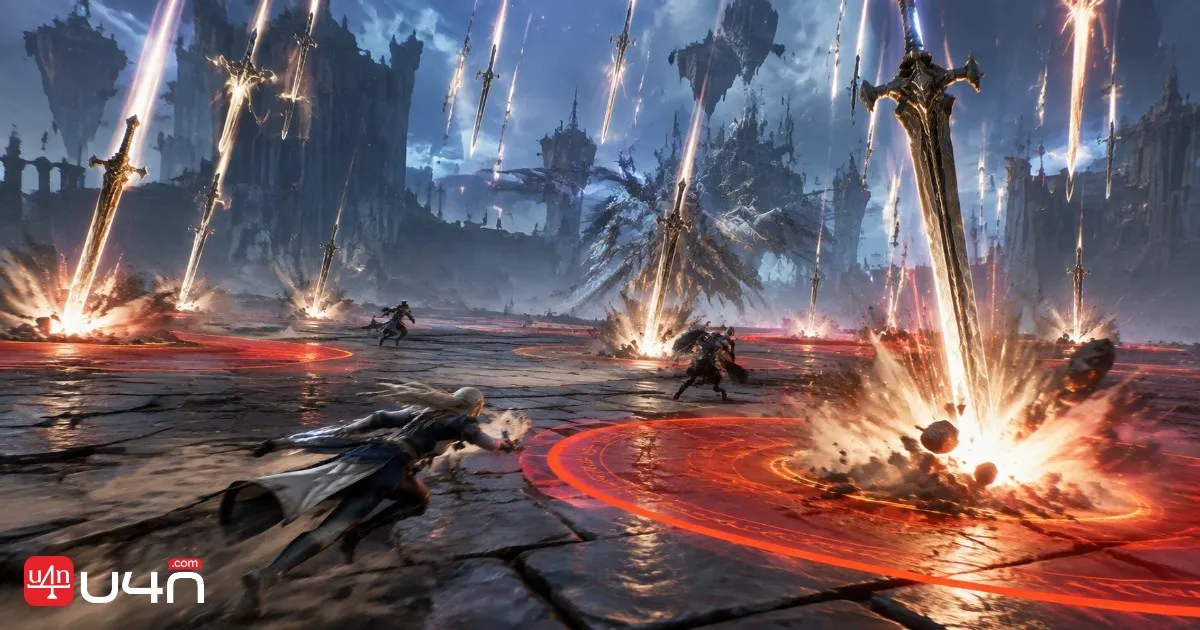 Aion 2 Zikel’s Apparition encounter showing falling swords and dangerous areas around the boss arena