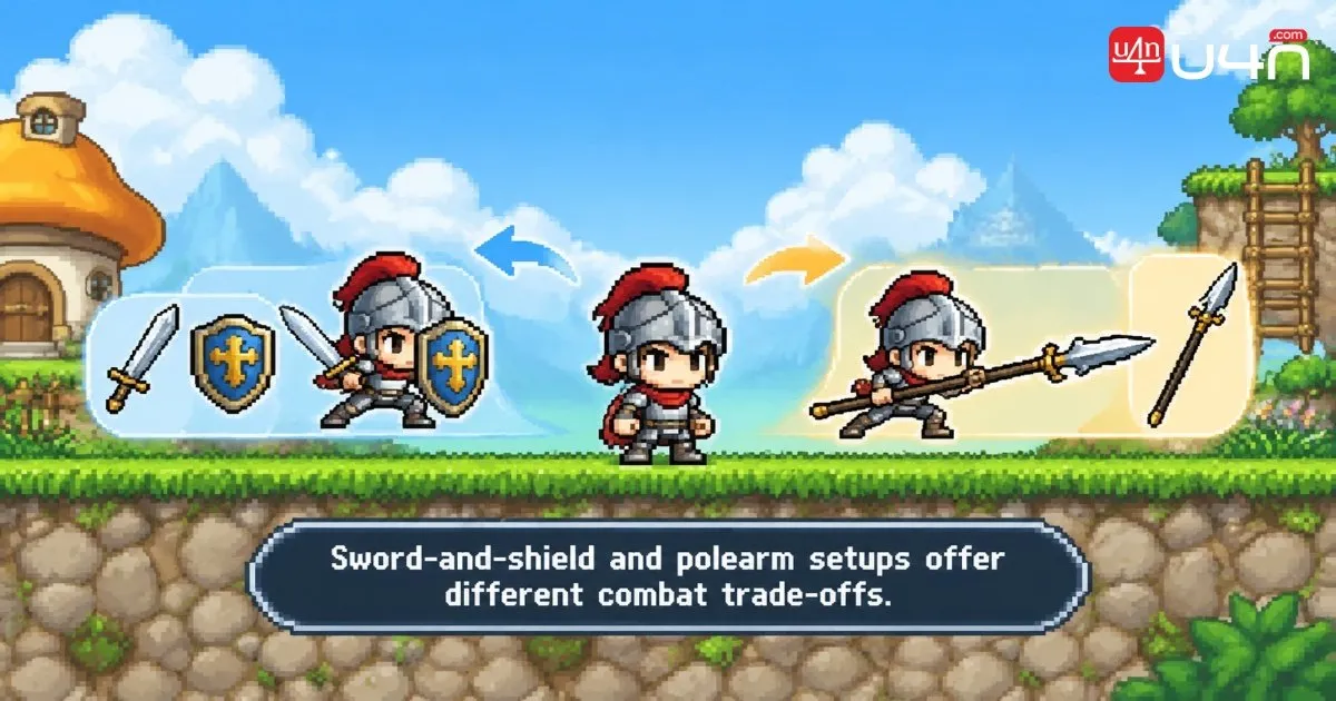 Classic MapleStory Warrior comparing a sword and shield with a polearm