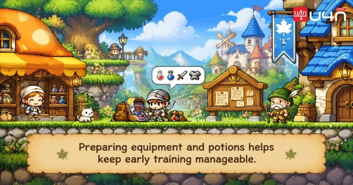Classic MapleStory Warrior checking equipment and preparing for a training session