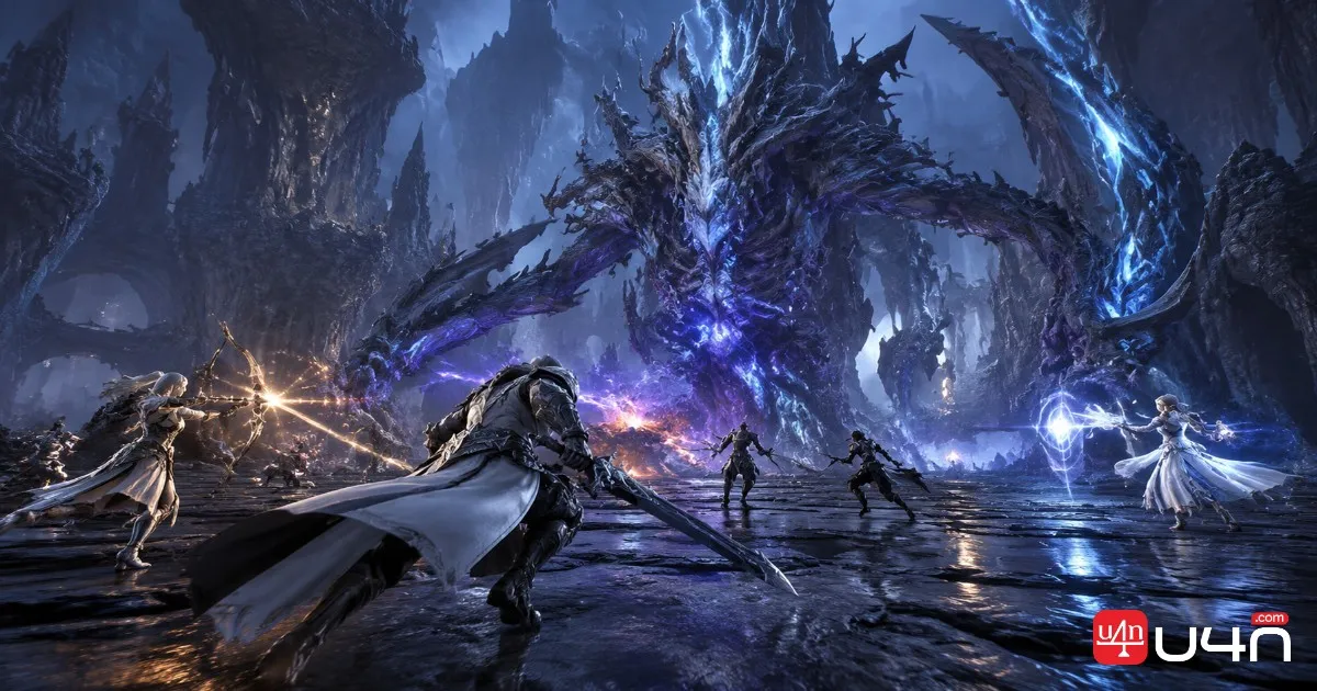 Aion 2 Hard Mode expedition battle in Krao Cave or Draupnir, with a coordinated adventurer party facing a powerful dungeon boss