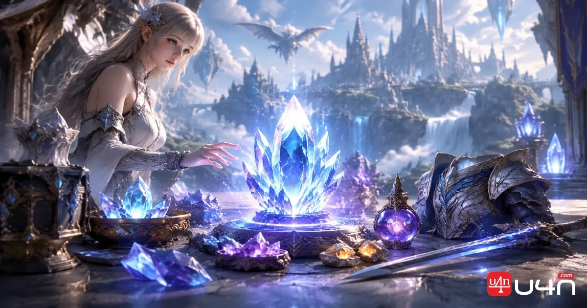 Aion 2 fantasy equipment progression scene featuring glowing crystals, crafting materials, and a character preparing for upgrades