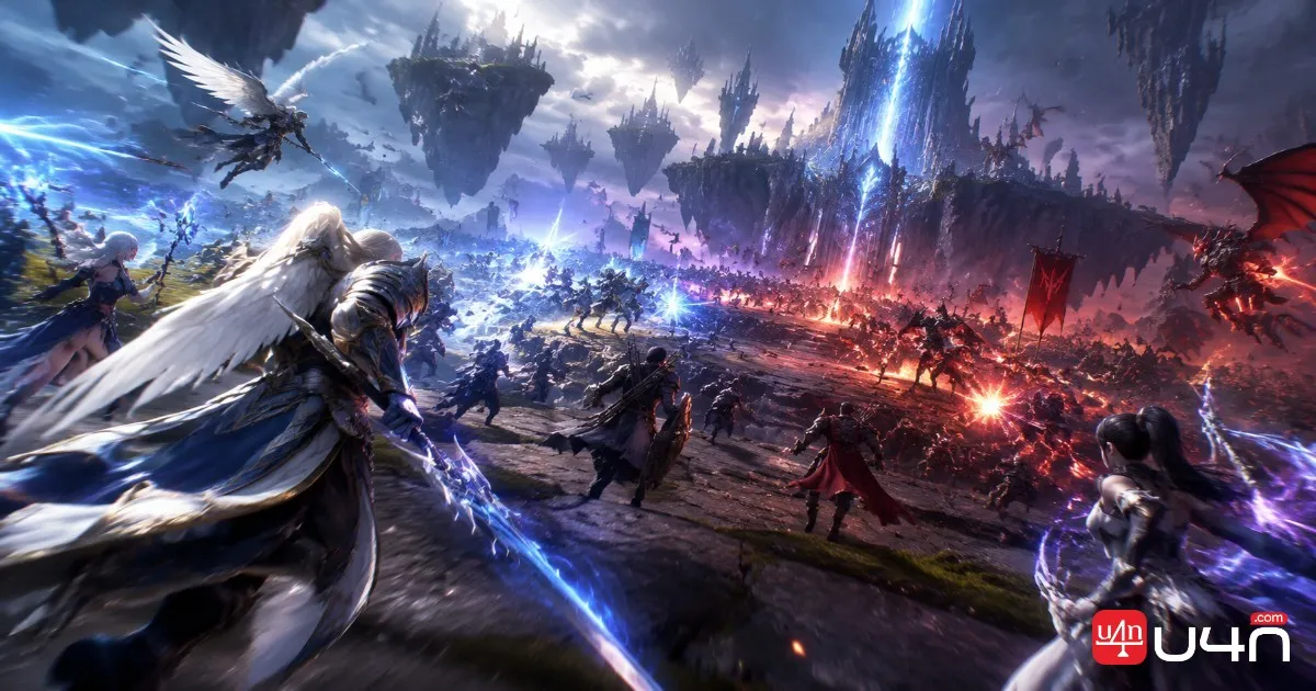 Aion 2 Abyss battlefield showing opposing factions preparing for a large-scale PvP encounter near a major objective