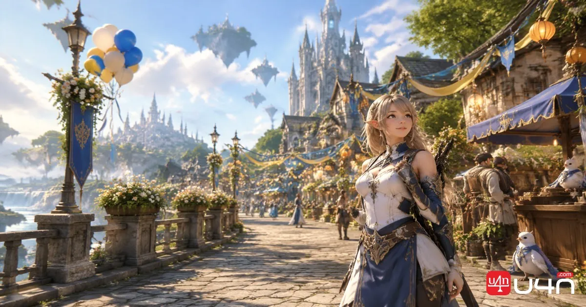 Aion 2 Verteron village with seasonal decorations and an adventurer near the local merchants
