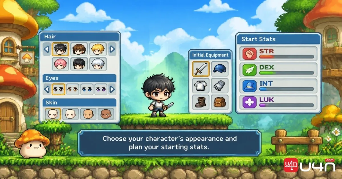 MapleStory Classic World character creation screen showing appearance and starting stat choices