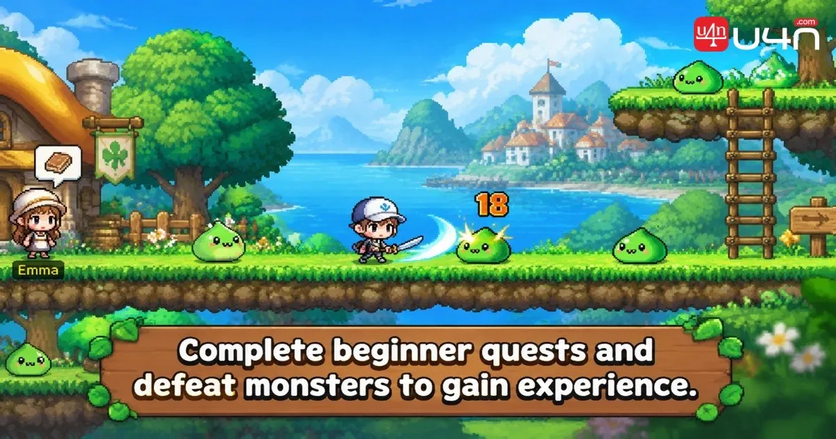 MapleStory Classic World beginner character fighting monsters and completing quests on Maple Island