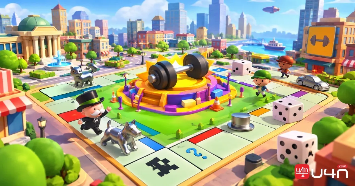 Monopoly GO inspired colorful board game scene with dice, tokens, and a city board