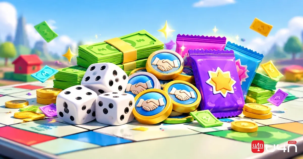 Colorful Monopoly GO style dice, sticker packs, cash, and partner event tokens