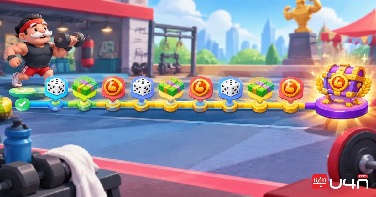 Monopoly GO style milestone progression with a sequence of colorful reward icons