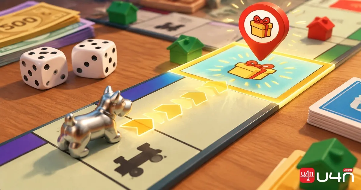 Monopoly GO inspired game board with dice and a highlighted pickup tile near a player token