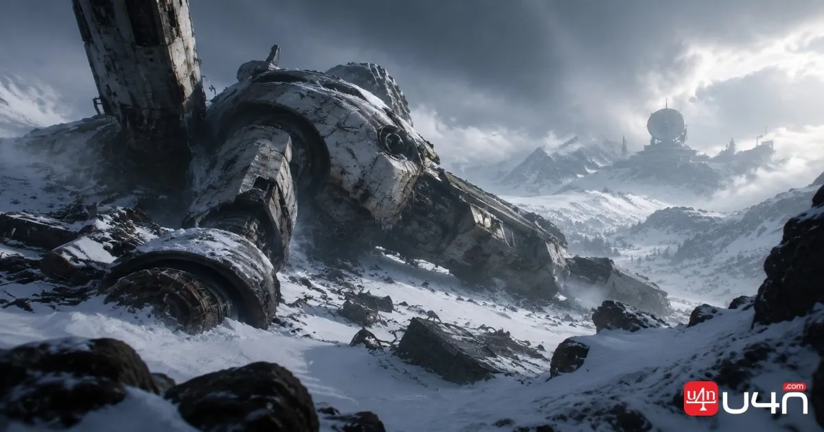 Snow-covered railway and abandoned mountain pass leading into an unexplored region