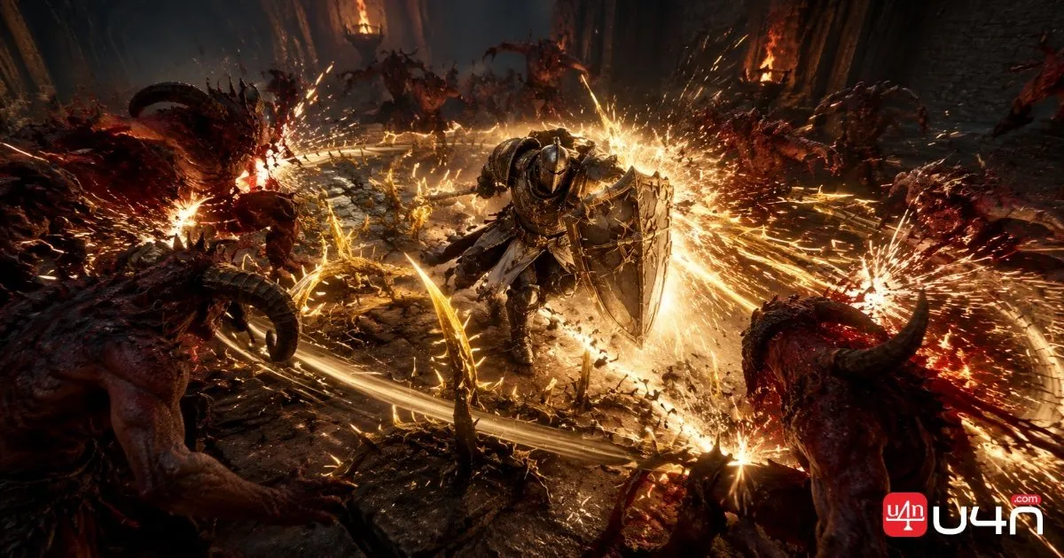 A Paladin charging through a group of demons while golden Thorns energy bursts around the character