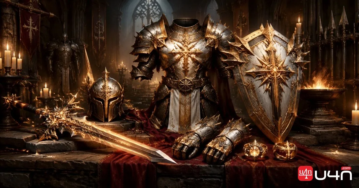 An armored Paladin activating a golden defensive aura and energy shield before charging into combat