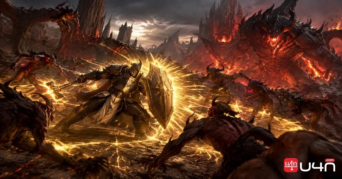 A fully armored Paladin charging through a dangerous endgame battlefield surrounded by demons and golden Thorns energy