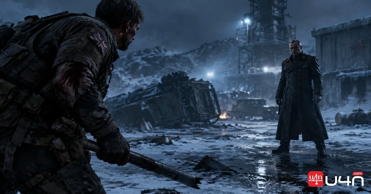 A wounded special forces commander facing his final enemy in a snow-covered industrial setting