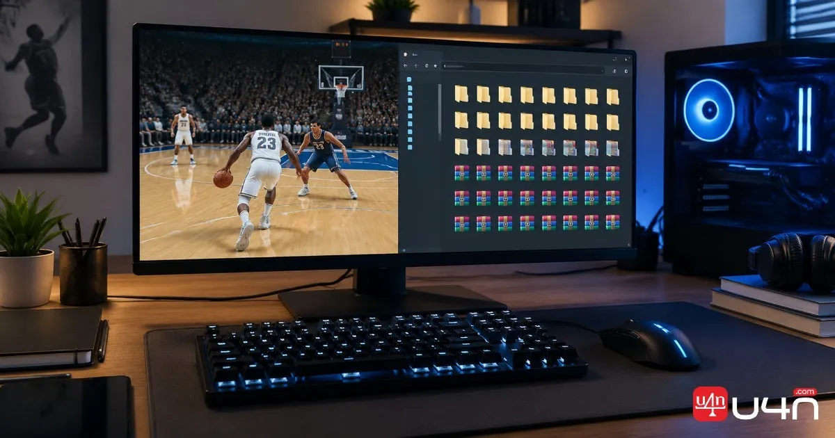 PC basketball gaming setup with a monitor, game files, and modding workspace