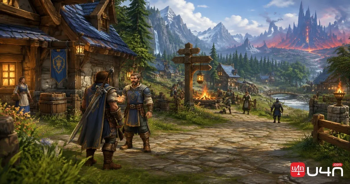 An adventurer speaking with a quest-giving NPC in a classic fantasy village