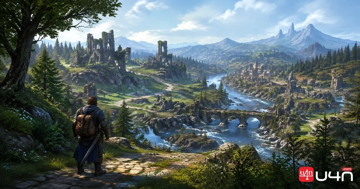 A fantasy adventurer exploring a lush valley with ancient ruins and a winding river