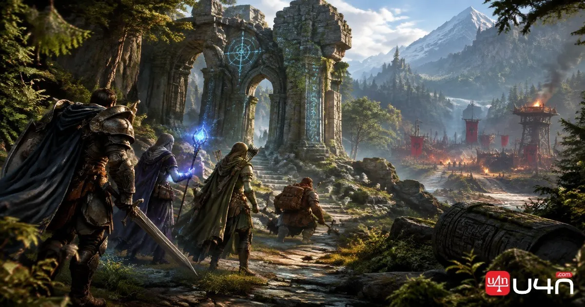 A small group of fantasy adventurers exploring an ancient fortress surrounded by forest