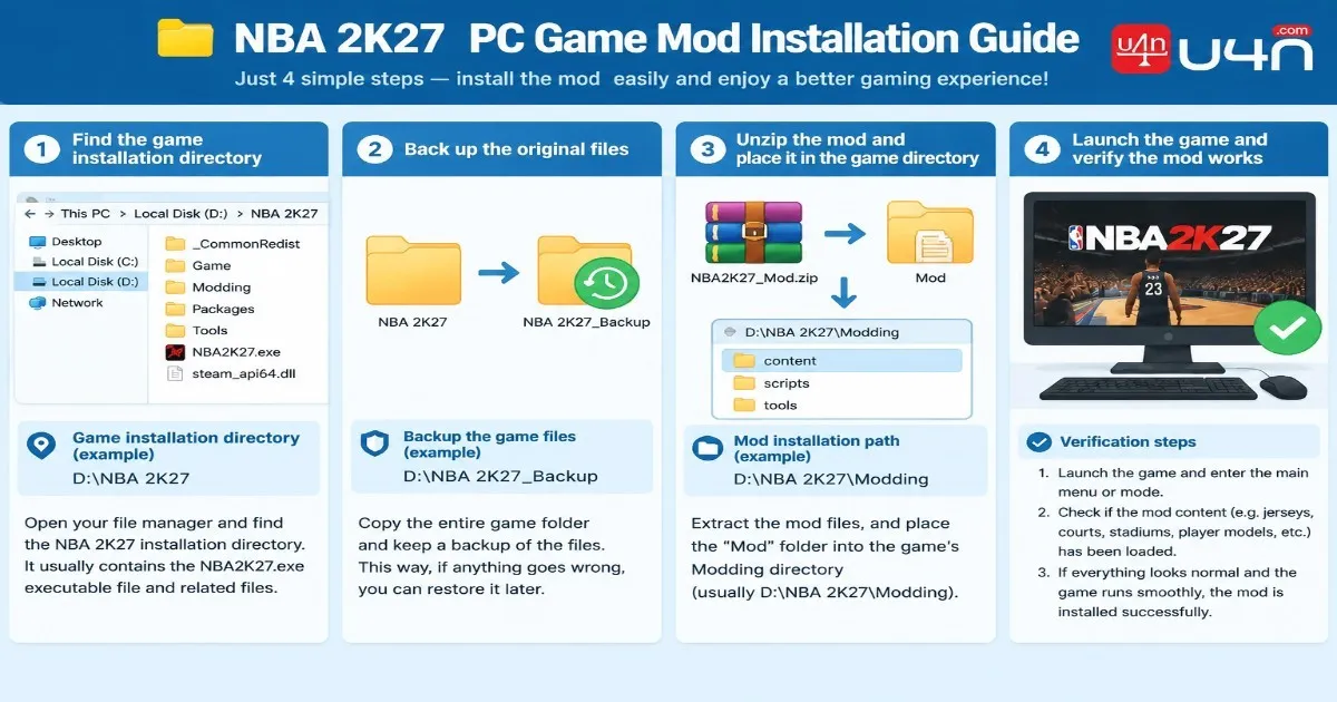 Illustration of a PC game mod installation workflow with file extraction, backups, and testing