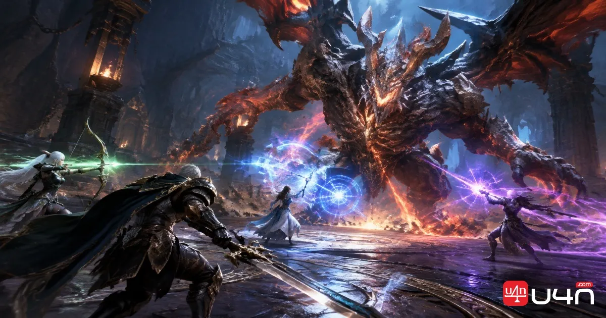 Aion 2 players fighting a dungeon boss in Hard Mode Krao Cave or Draupnir