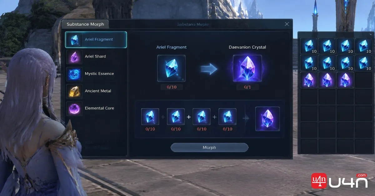 Aion 2 Ariel Fragments and Daevanion Crystal crafting materials in the inventory or Substance Morph interface