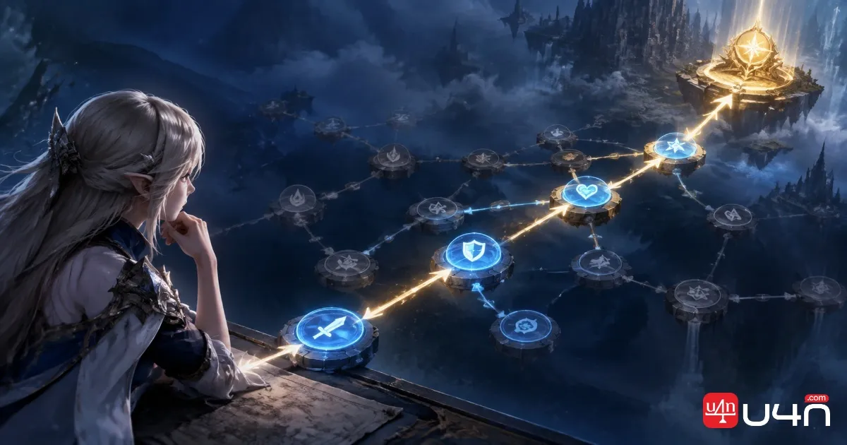 Aion 2 Daevanion progression board illustrating connected nodes and a planned route toward PvE stat upgrades